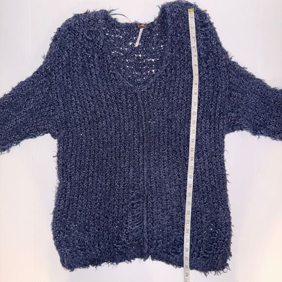 Free People Up The Ladder Distressed Open Knit PullOn Sweater Washed Navy Blue M - Picture 12 of 16
